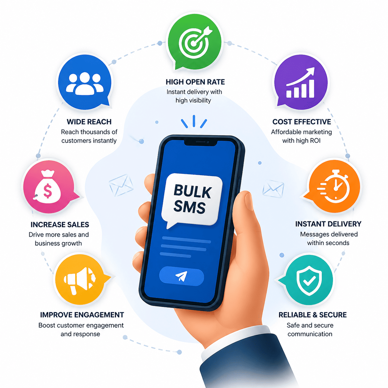 “Bulk SMS benefits infographic showing smartphone with marketing icons representing high open rate, instant delivery, customer engagement, secure communication, and business growth.”