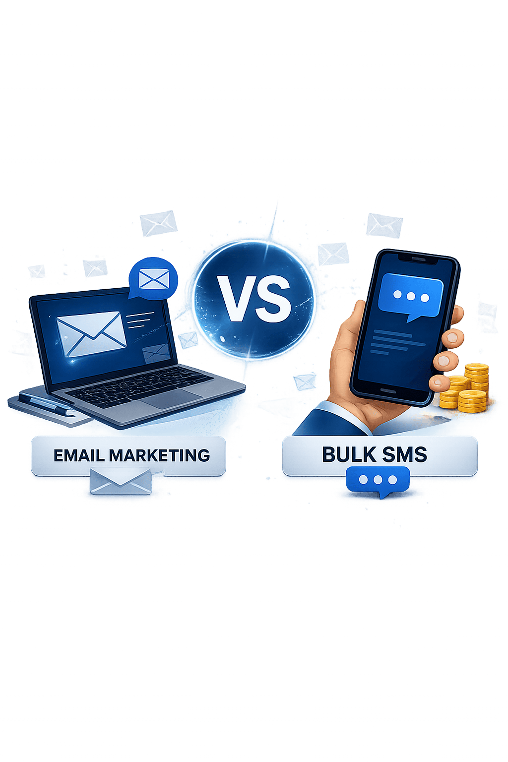 “Bulk SMS vs Email Marketing comparison illustration showing smartphone and laptop representing business communication and digital marketing strategies.”