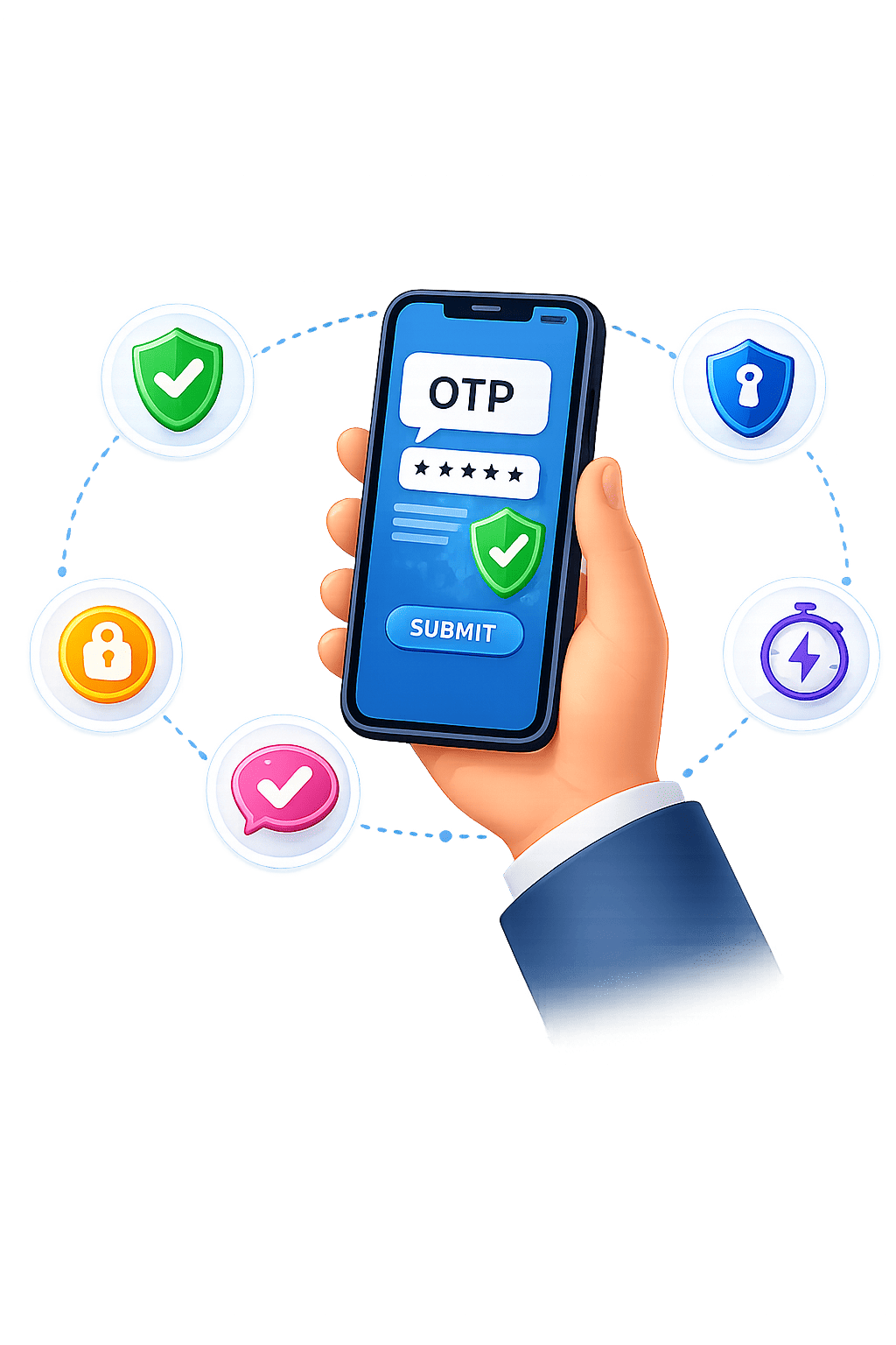 “OTP SMS security illustration with smartphone, verification screen, and secure authentication icons for business protection.”
