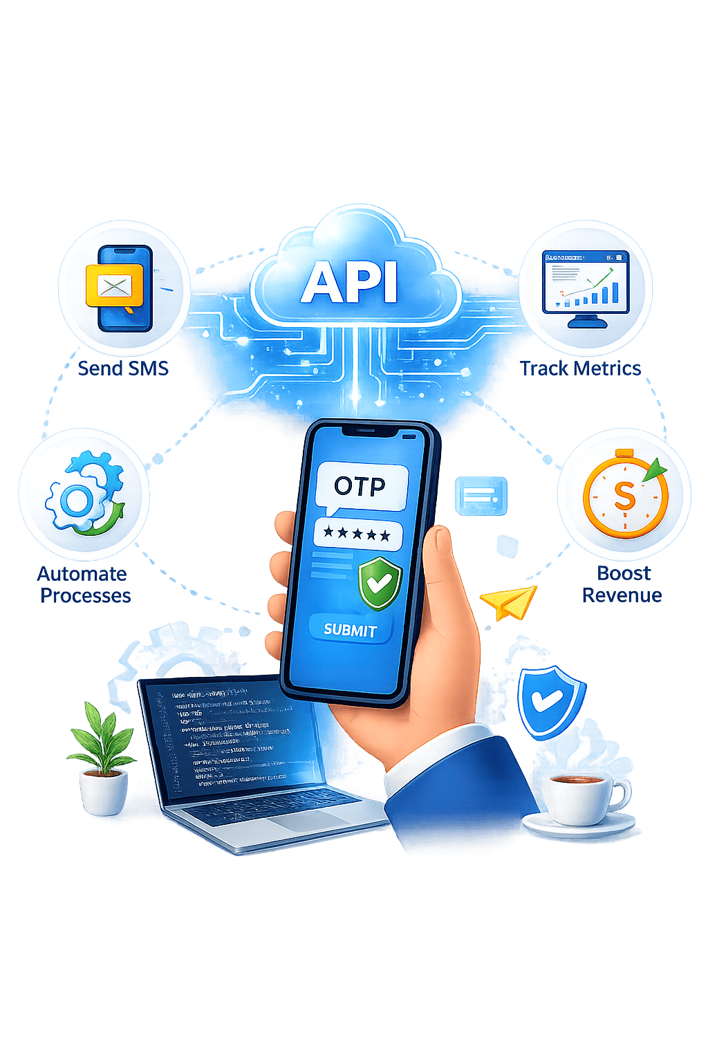 API SMS integration illustration with smartphone, cloud API system, automation icons, analytics dashboard, and business communication workflow.