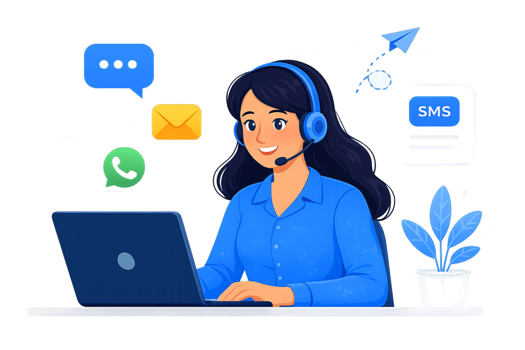 “Customer support executive illustration with laptop, headset, SMS icons, WhatsApp symbol, and communication graphics representing Bulk SMS customer support service in Kannur.”