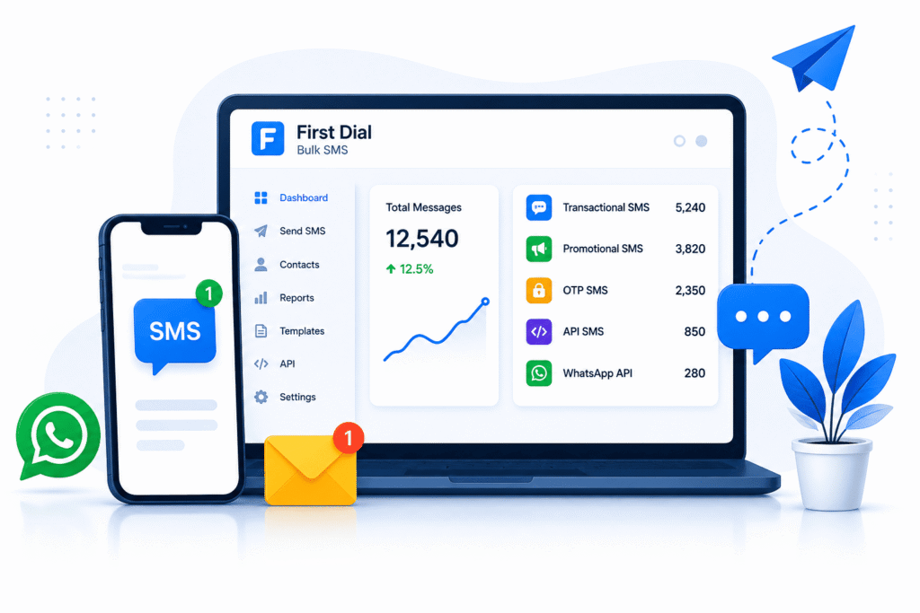 “Modern SMS Marketing Platforms dashboard with Bulk SMS analytics, API SMS integration, WhatsApp messaging, smartphone notifications, and business communication tools.”